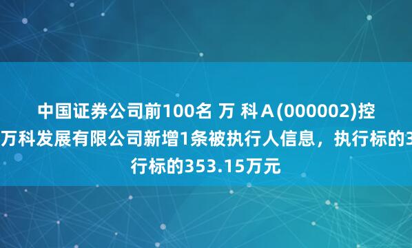 中国证券公司前100名 万 科A(000002)控股的深圳市万科发展有限公司新增1条被执行人信息,执行标的353.15万元